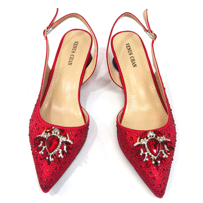 Royal Blue Sandals for Women 2024 Luxury Wedding Pumps Med Heels Rhinestone Design Party Shoes and Bags Set
