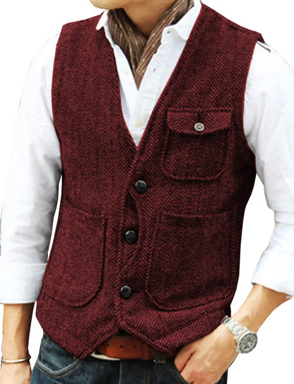 Men's Business Suit Vest Herringbone Tweed V Neck Formal Waistcoat for Wedding Suit or Tuxedo