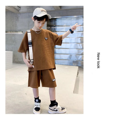 Summer Casual Boys Jacquard Loose T-Shirt Tops+Shorts Pant School Kids 2PCS Tracksuit Child Outfits Student Workout Set 3-14 Yr