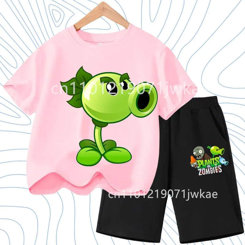Children's Plants Vs. Zombies Short-Sleeved T-Shirt Set Cotton Summer Fashion Comfortable Top+pants for Boys and Girls