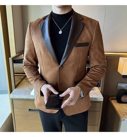 High Quality Deerskin Velvet Splicing Leather Collar Suit Blazers Men Casual Business Slim Coats Mens Social Wedding Clothing