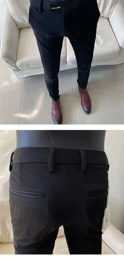 Spring Trousers for Men Slim Fit Straight Leg High-end Feel Business Casual Pants Striped Elegant Formal Dress Long Pants
