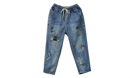 2025 Fashion Summer Streetwear Denim Trousers Ladies Vintage Elastic Jeans Womens Casual Loose Embroidery Harem Pants