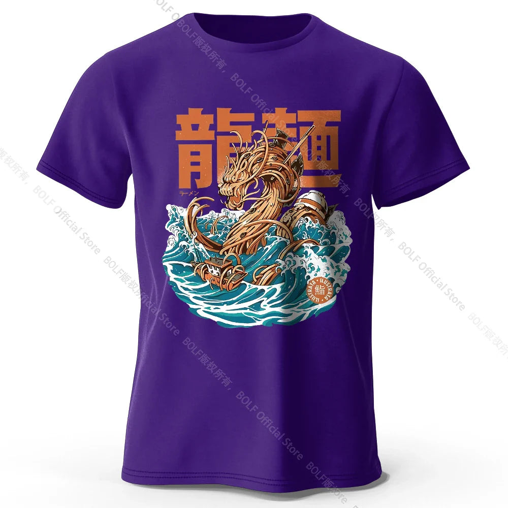 Men's Dragon Ramen Printed T-Shirt 100% Cotton Oversized Anime Graphic Tees for Women Summer Tops Otaku Streetwear
