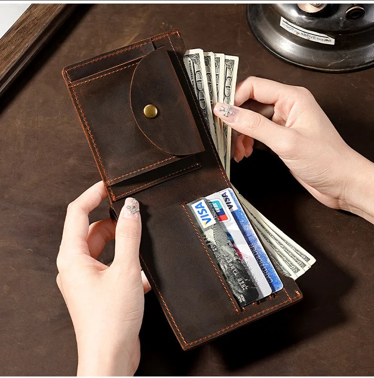 Crazy Horse Leather Men's Wallet Short Retro Cowhide Business Casual Mens Wallets Coin Purse