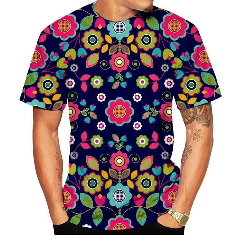 3D Printed Colorful Flower T Shirt For Men Plants Pattern Tees Summer Harajuku Loose Round Neck Tops Short Sleeve Kids T-Shirts