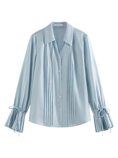 Blue Shirt For Women Spring 2025 New Design French Style Pleated Long Sleeve Chic Shirt Versatile Casual Top 25FS11150