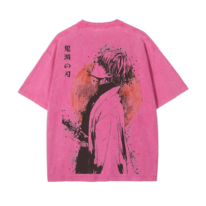 2026 Summer New Zenitsu Agatsuma Breath of Thunder Retro Washed Old T-shirt Demon Slayer 90s Street Style Short-sleeved Top