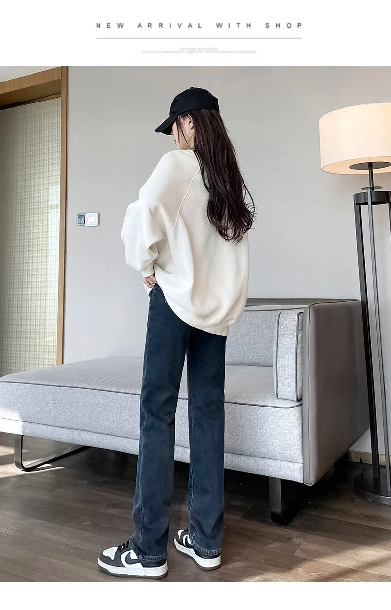 Black 2024 Winter Straight Fleece Jeans Women Casual Vintage Warm Thick Loose High Waist Elastic Velvet Denim Pants