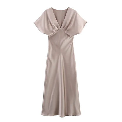 Women Elegant Solid Satin Dress Sexy V Neck Short Sleeve Midi Dress 2025 New Fashion Summer Lady Holidays Party Dress