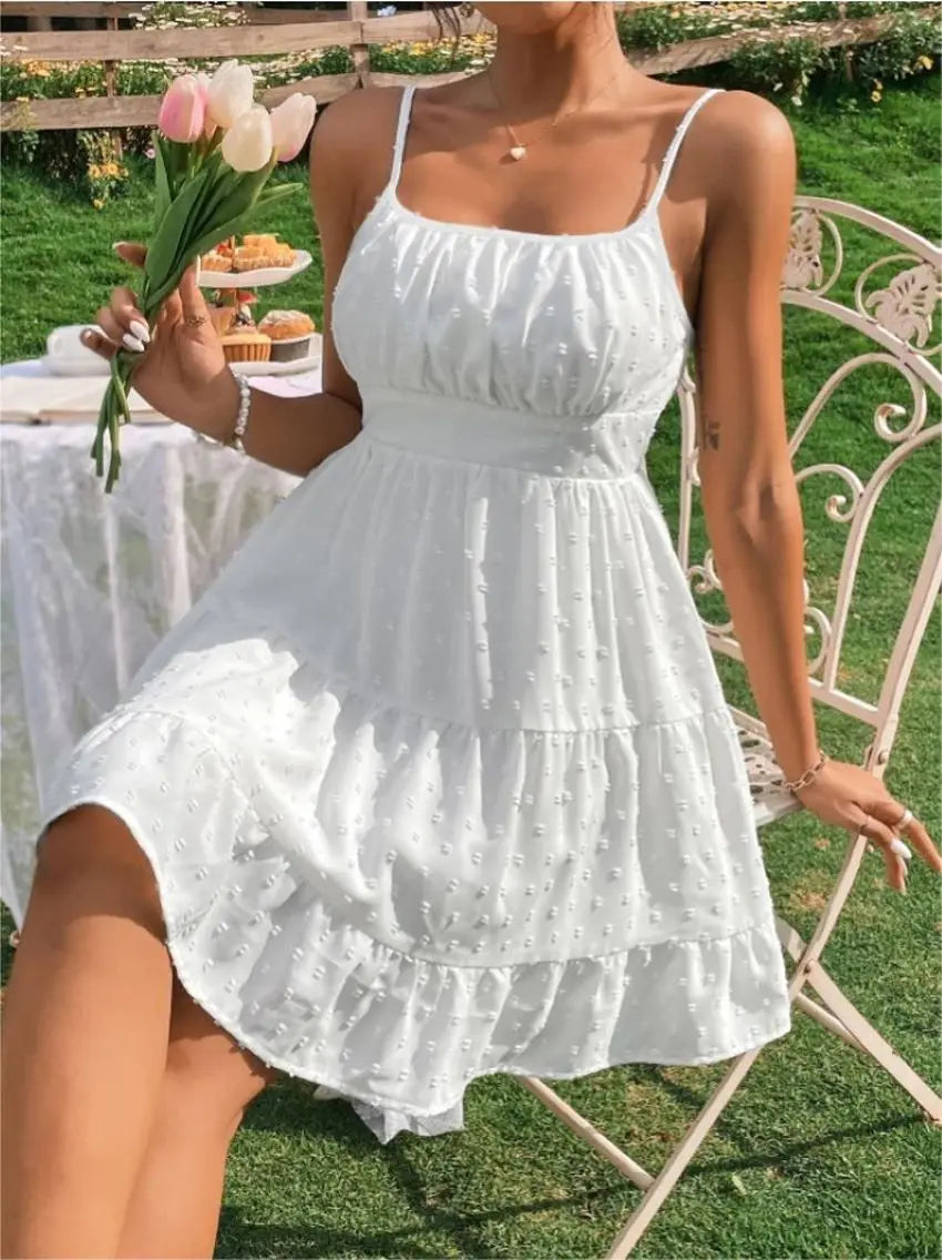 Women's White Swiss Dot Mini Dress Spaghetti Strap High Waist Ruffled Tiered Hem A Line Casual Summer Short Dress