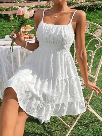 Women's White Swiss Dot Mini Dress Spaghetti Strap High Waist Ruffled Tiered Hem A Line Casual Summer Short Dress