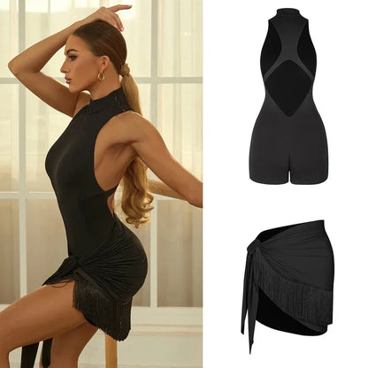 Latin Dance Dress Clothes for Women Backless Top Tassels Skirt Suit Adults Rumba Samba Ballroom Professional Training Dancewear