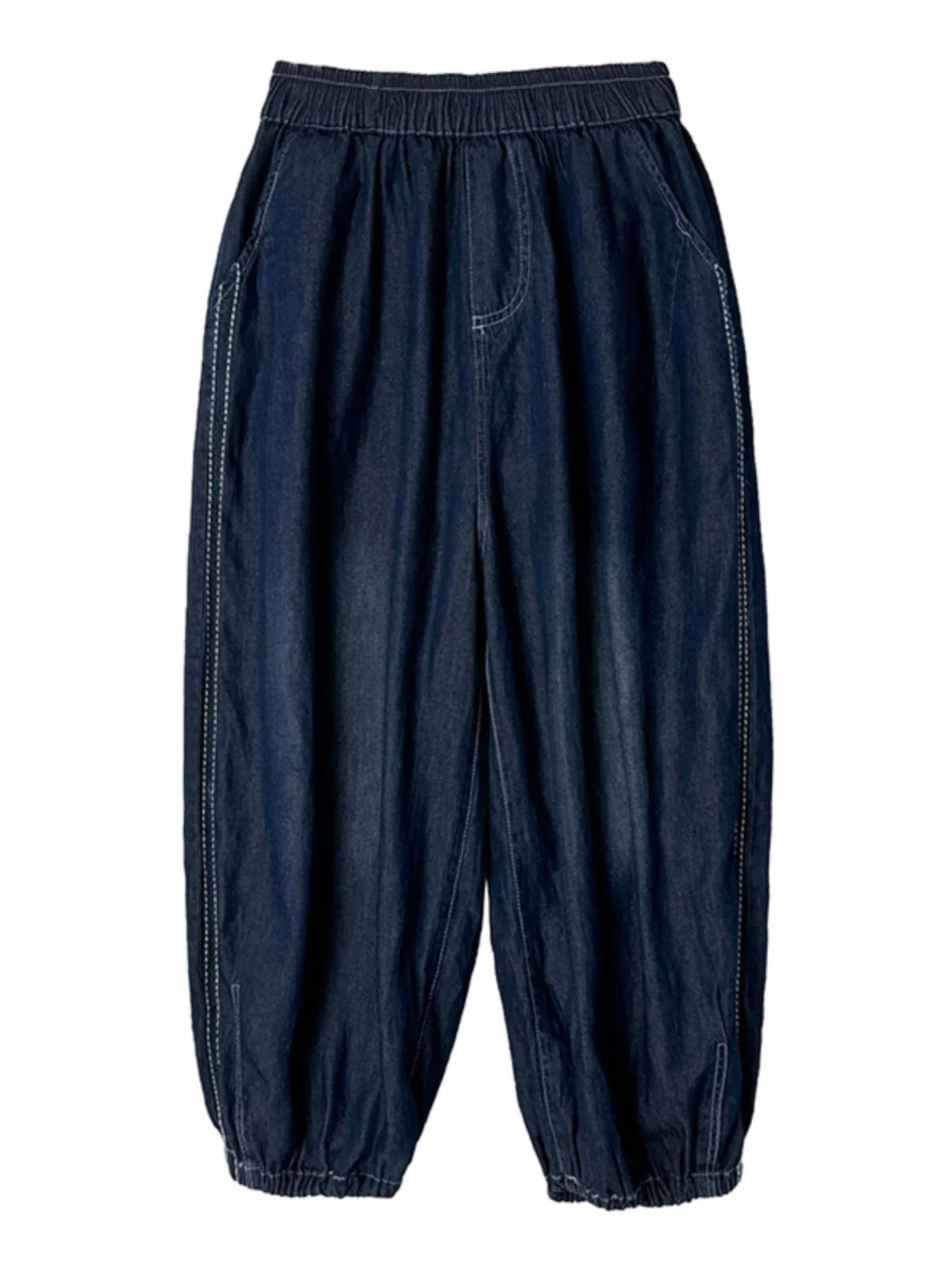 Retro Full Cotton Waed Denim Pants Women Summer Elastic Waist Thin Slimming Lantern Pants Marked Line Nine Points Harlan Pants