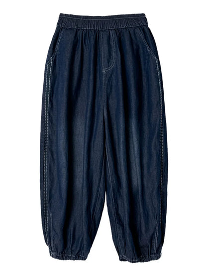Retro Full Cotton Waed Denim Pants Women Summer Elastic Waist Thin Slimming Lantern Pants Marked Line Nine Points Harlan Pants