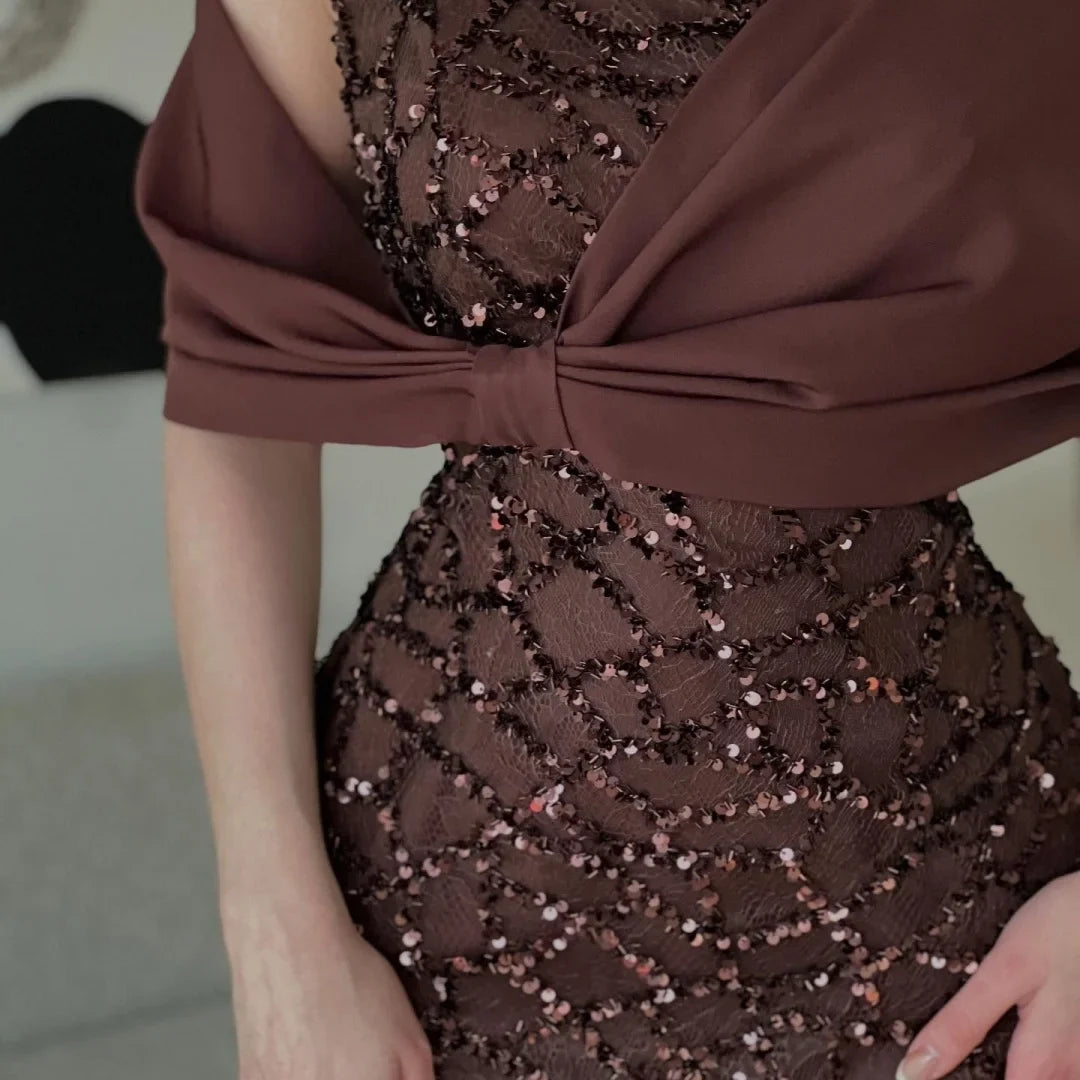 Customized Dark Brown Square Neck Prom Dress Sequin Embellished Bow Shoulder Cape robes de soirée Slim-Fit Mermaid 2025