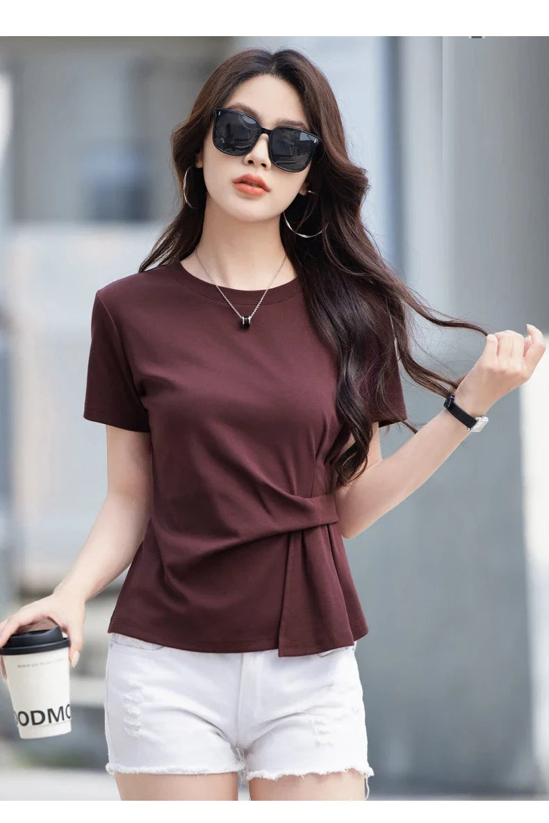Women's summer new cotton irregular top short sleeved round neck casual women's short sleeved top T-shirt