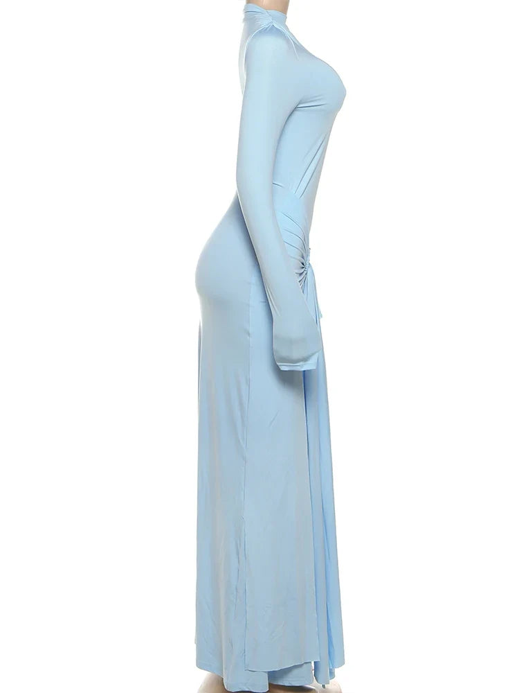 Ruched Elegant Maxi Dress Women Daily Casual Fashion Skinny Full Sleeve Solid Gown Midnight Prom Party Long Bodycon