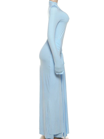 Ruched Elegant Maxi Dress Women Daily Casual Fashion Skinny Full Sleeve Solid Gown Midnight Prom Party Long Bodycon