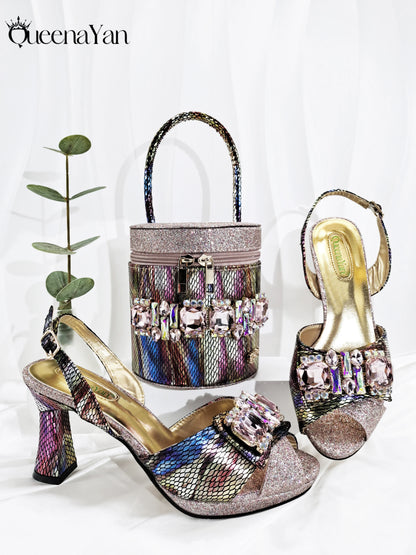 Nigerian-Inspired Rhinestone High Heels With Colourful Bucket Bag Fashionable Womens Footwear And Accessories Set