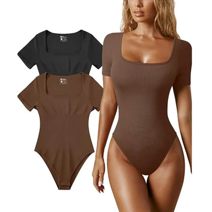 Bodysuits Sexy Ribbed One Piece Square Neck Short Sleeve Bodysuits Tummy Control Open Crotch Bodysuit Shapewear Suit