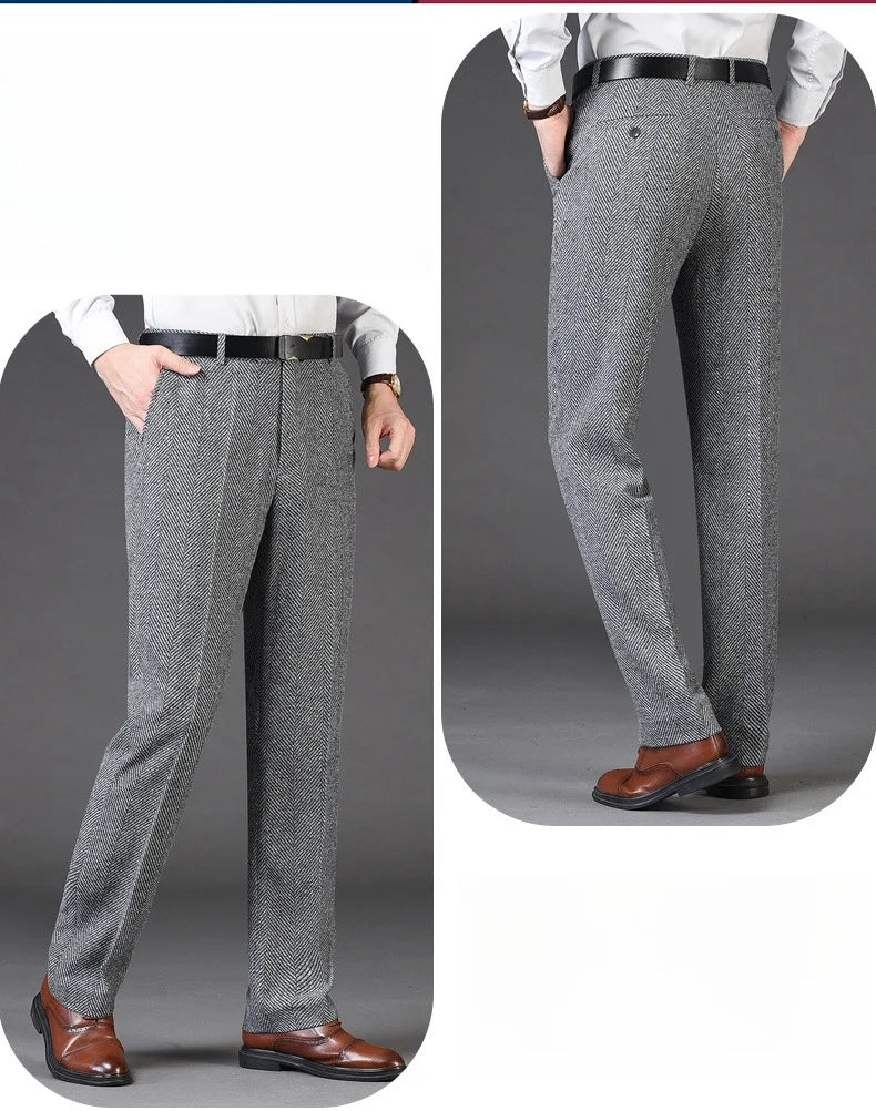 Autumn Winter Suit Pants Thicken Mens British Pants Straight Flat Loose High Waist Twill Dress Men Wool Trousers Size 40 42 44