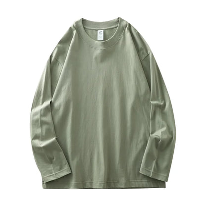 Men's 260G Long Sleeve T Shirts 2025 Spring Pure Cotton Solid Color Basic Crew-Neck Undershirt Men's Loose Tops 11 Color