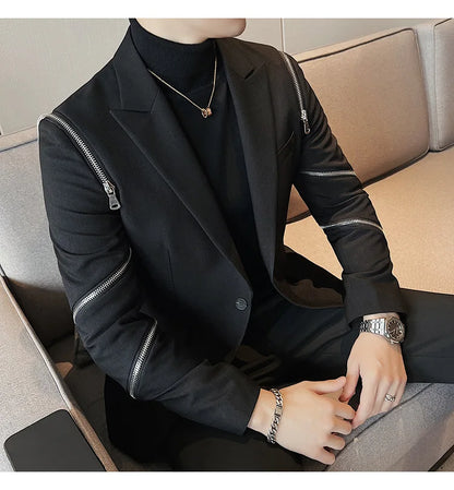2024 Autumn New Zipper Decoration Blazer Men Casual Slim Fit Business Dress Coats Homme Formal Social Prom Tuxedo Men Clothing