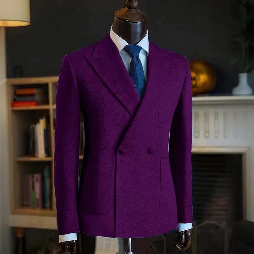 Luxury Men's Classic Suit Blazer Linen Double Breasted Notch Lapel Formal Groom Wedding Dress Jacket Lightweight Sport Coat