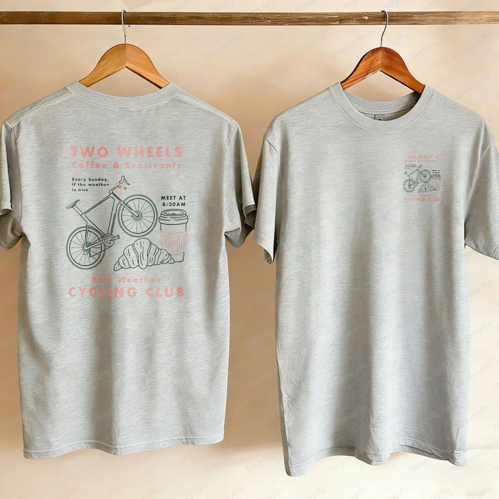 Cycling Club Cropped T-Shirt Hand-Drawn Bike Coffee & Croissants Graphic T Shirts Oversized T Shirt High Quality Cotton Tops Tee