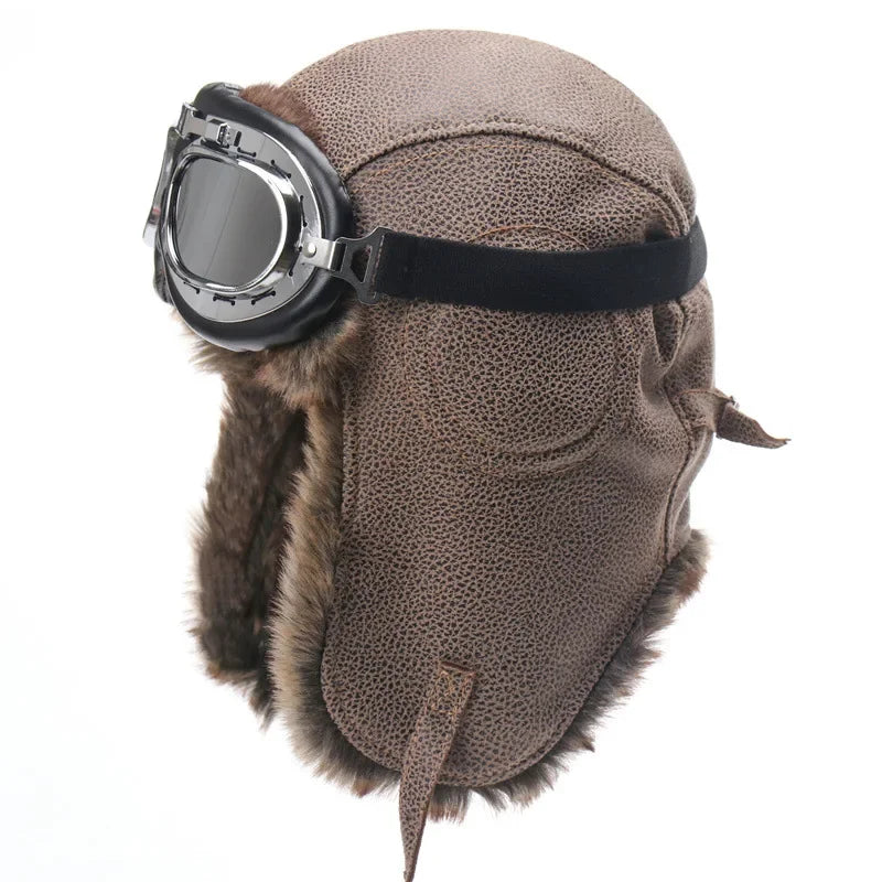 Men Winter Bomber Hat With Goggles Outdoor Motorcycle Windproof Warm Faux Fur Pilot Earflap Hat Leather Thermal Ushanka