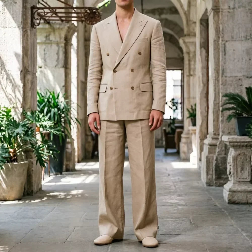 Men‘s Sage Green Linen Suit 2 Piece Double Breasted Peak Lapel Blazer Straight Leg Pants Casual Set For summer wedding Groom New