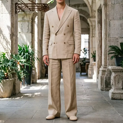 Men‘s Sage Green Linen Suit 2 Piece Double Breasted Peak Lapel Blazer Straight Leg Pants Casual Set For summer wedding Groom New