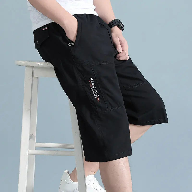 Men Cropped Cargo Shorts Men's Casual Sports Pants Zipper Pocket Summer Cotton Shorts Running Jogger Shorts Elastic Waist