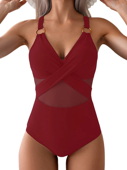 2026 Plain Ruched Mesh Swimsuit Women One Piece Ring Link Swimwear Female Sexy Bathing Swimming Suit Bodysuit Summer Beachwear