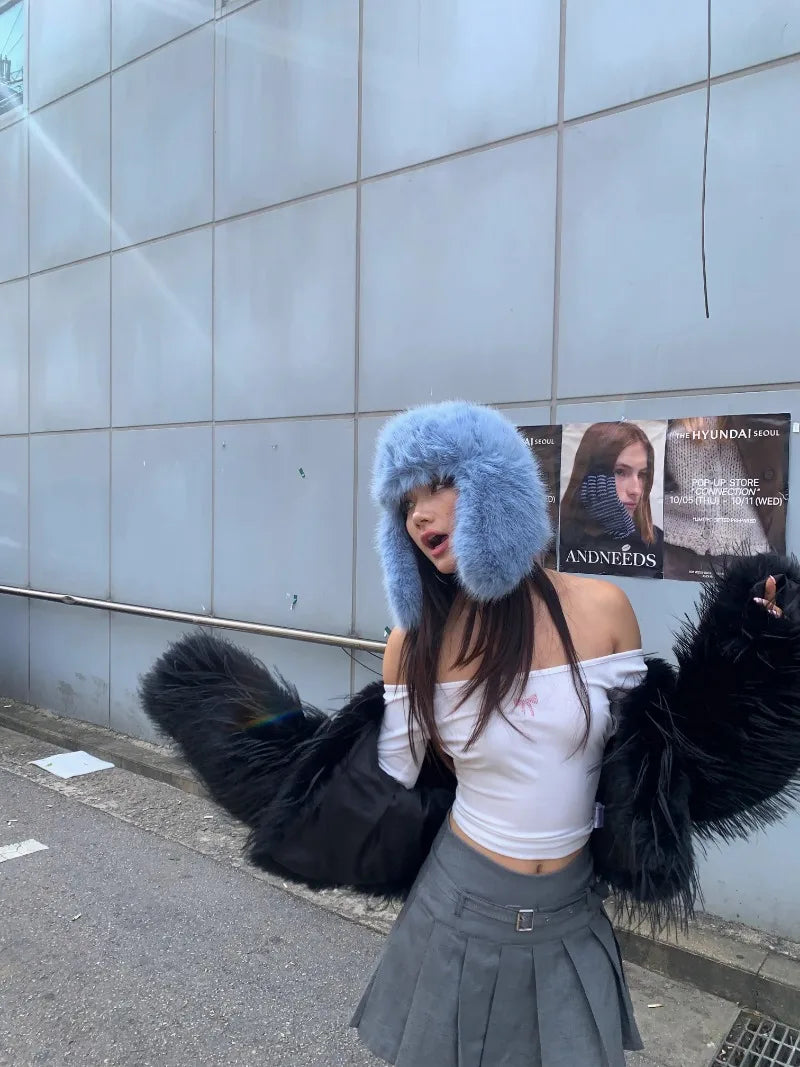 Korean Ins Imitation Mink Plush Hat Winter Women Ear Protection Bomber Hats Fashion Warm Fluffy Faux Fur Ski Beanies Y2k Gift