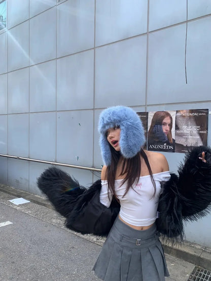 Korean Ins Imitation Mink Plush Hat Winter Women Ear Protection Bomber Hats Fashion Warm Fluffy Faux Fur Ski Beanies Y2k Gift