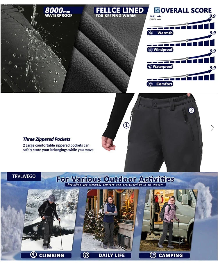 Women Winter Ski Trekking Pants Hiking Snow Autumn Outdoor Soft Shell Thick Cloth Keep Warm Windproof Warm Camping Trousers