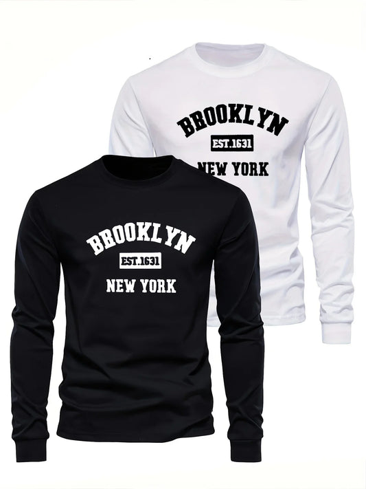 Men's 100% cotton loose fit sports casual Brooklyn New York letter printed round neck long sleeved T-shirt top