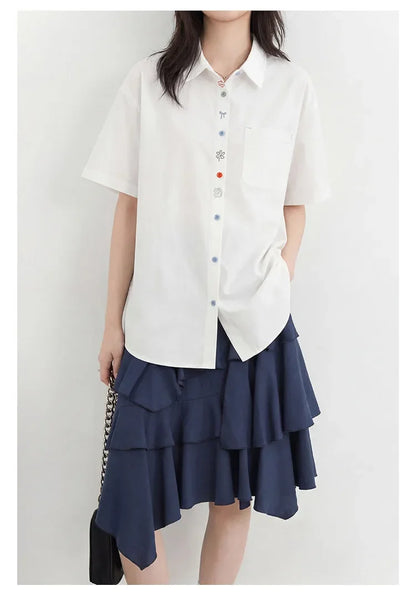 Fashion Women Shirt Short Sleeve Loose Casual Design Button Embroidered Placket Female Blouses Cotton Coat Summer 2026
