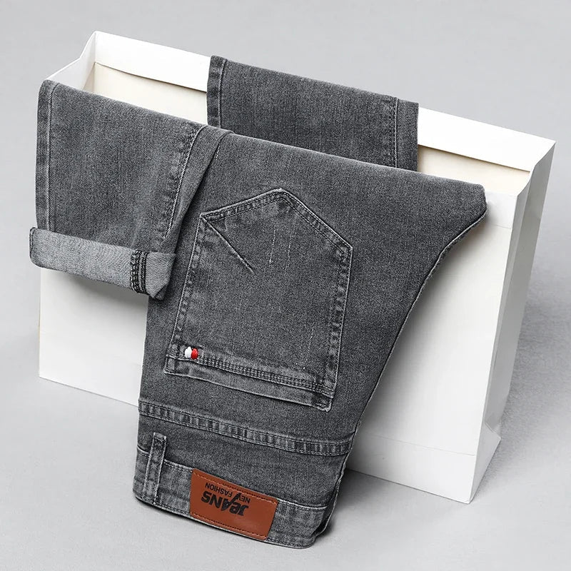 Spring Autumn Men's Stretch Slim Fit Jeans Gray Korean Fashion Skinny Small Straight Denim Pants Casual Trousers Male Clothes