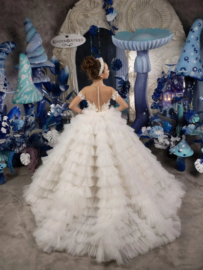New Handmade 3D Floral Girls Dresses Birthday Paty Wear Classic Short Sleeve Kids Princess Gown Wedding Guest Clothes 2-14T
