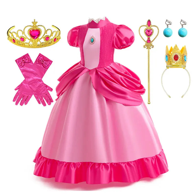 New 2026 Movie Inspired Lolita Princess Dress Super Plumber Bros's Friend Peach Costume Girls Pink Lace Frock Role Play Apparel