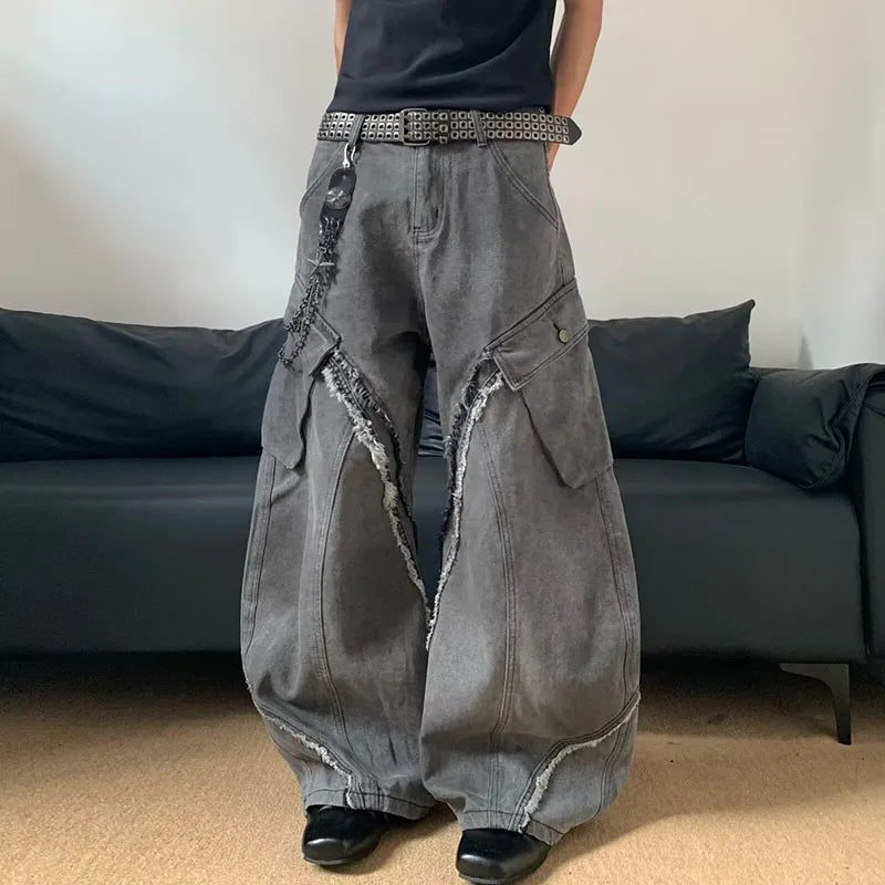 Autumn/Winter Korean Vintage Splicing Hairy Zipper Micro Horn Jeans Men's Loose Straight Leg Pants Fashion High Street Jeans