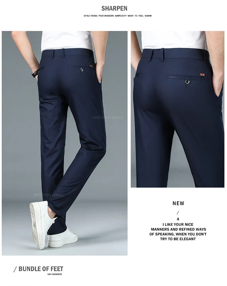 Bamboo Fiber Fabric Men's Casual Pants Summer New Ultra-thin Elastic Soft Straight Business Trousers Classic Black Khaki Gray