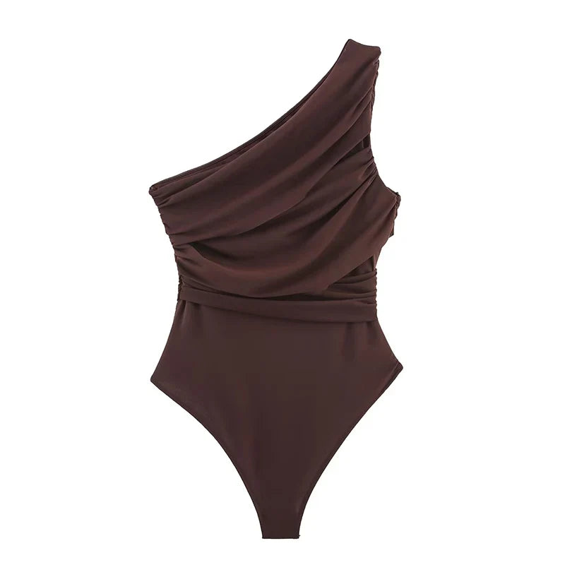 Summer Asymmetric Sleeveless Pleated Silk Mesh Bodysuit Women Single Shoulder Slim Fit Jumpsuit Female Beach Holidays Wear 2026