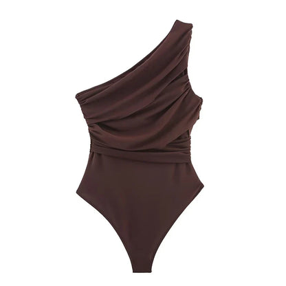 Summer Asymmetric Sleeveless Pleated Silk Mesh Bodysuit Women Single Shoulder Slim Fit Jumpsuit Female Beach Holidays Wear 2026