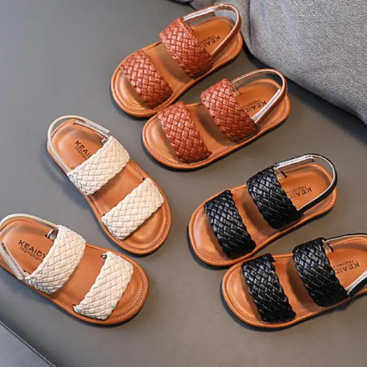 Kids Sandals for Girls 2026 Summer Girls Weave Design Sandals Children Beach Shoes Open Toes Flat Anti-skid Rubber Ankle Strap