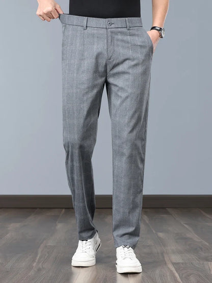 Summer Thin Plaid Formal Stretch Pants Men Slim Business Grey Black Casual Pant Fashion Male Clothing England Trousers