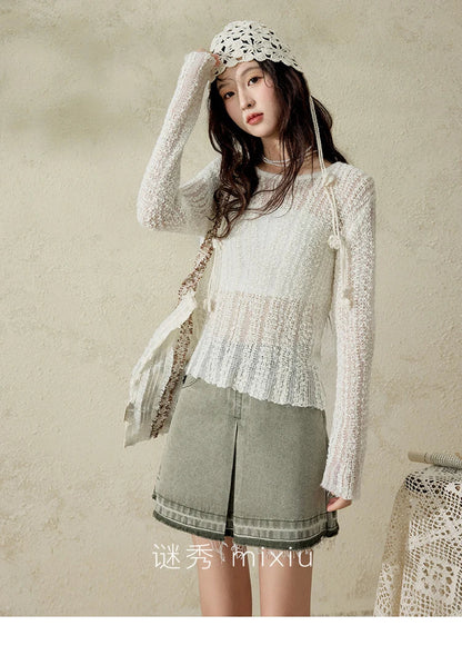 Women 's Apricot White Hollow Knitted Sweater Spring 2025 Mohair Cover Drop Sleeve Top Strapless Slim Tube Top MXE12Z1120